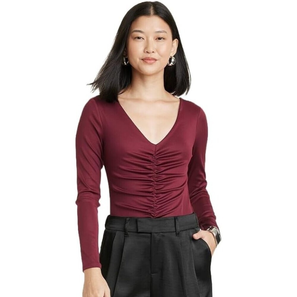 NWT A New Day Burgundy Women's Long Sleeve Ruched Slim Fit Bodysuit Size Medium